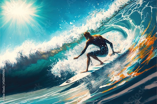  a painting of a surfer riding a wave in the ocean with the sun shining above him and the ocean foamy wave behind him,.  generative ai © Anna
