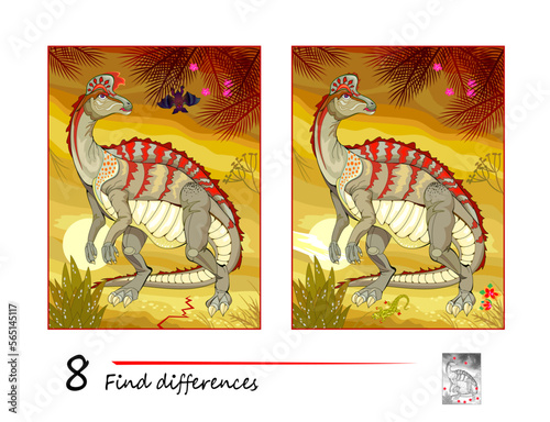 Find 8 differences. Illustration of prehistoric extinct dinosaur corythosaurus. Logic puzzle game for children and adults. Page for kids brain teaser book. Developing counting skills. Vector drawing.