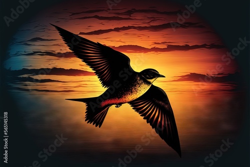  a bird flying over a body of water at sunset with a bird flying over the water at sunset with a bird flying over the water.  generative ai