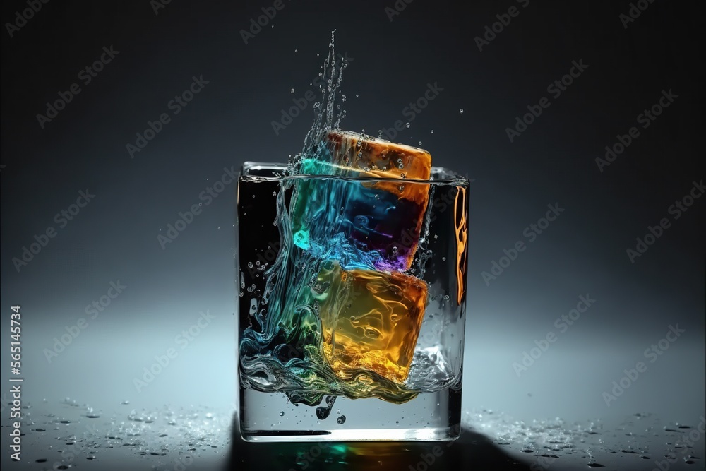 Colorful Glass of Splashing Drink With Ice Cubes. Generative AI.