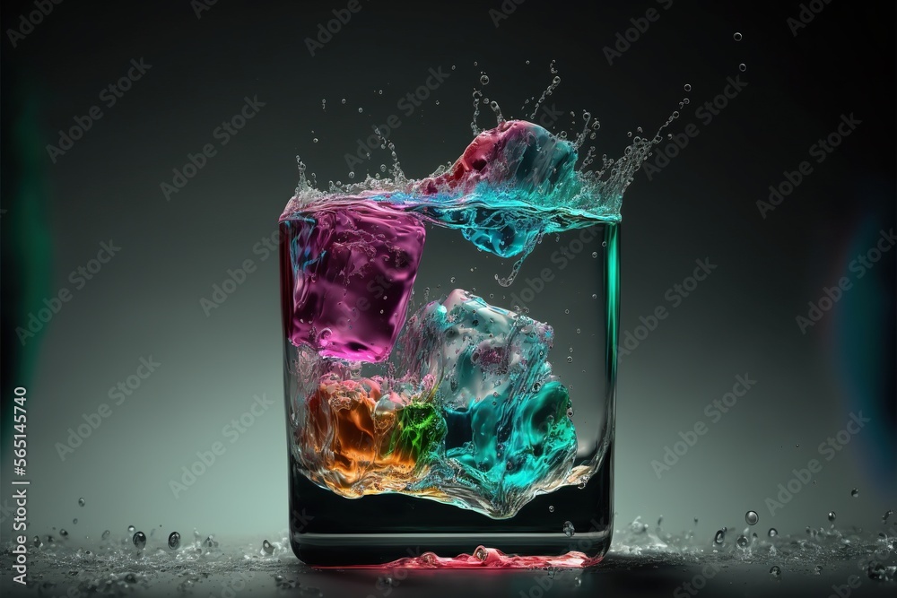 Colorful Glass of Splashing Drink With Ice Cubes. Generative AI.