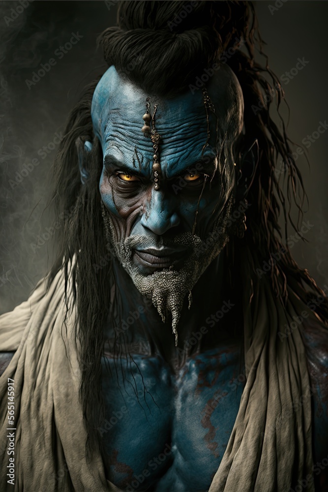 Obraz premium Portrait of a Jinn - Arabic Islam Blue Genie Creature. Generative AI.