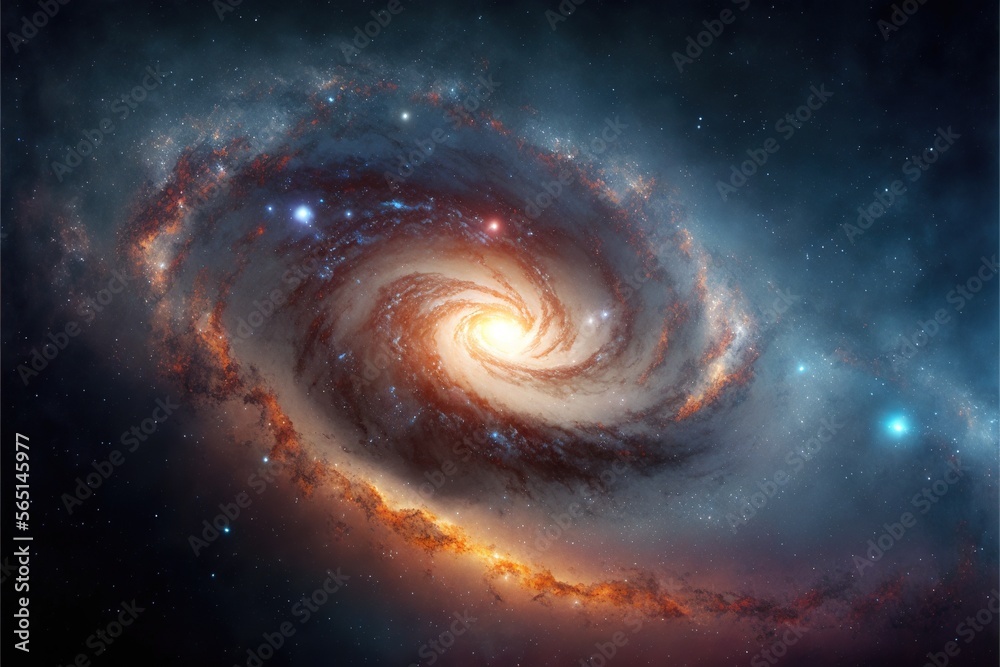  a spiral galaxy with a bright center surrounded by stars and a blue sky with stars in the background and a bright orange center in the middle.  generative ai
