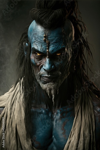 Portrait of a Jinn - Arabic Islam Blue Genie Creature. Generative AI.