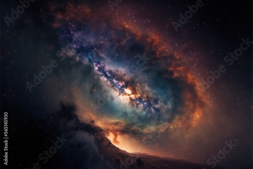  a very large and colorful spiral shaped object in the sky with stars in the background and a mountain in the foreground with a dark sky with a few stars. generative ai