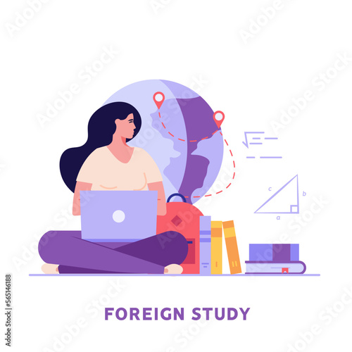 Foreign student learning in international high school. Concept of foreign study, global education, student exchange program, educational tourism. Vector illustration in flat design for web banner