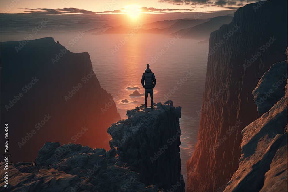 Man Standing on Mountain Cliff Looking Out into the Horizon. Generative AI.