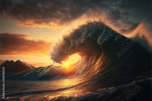 Massive Wave With Sun Setting Behind It. Generative AI.