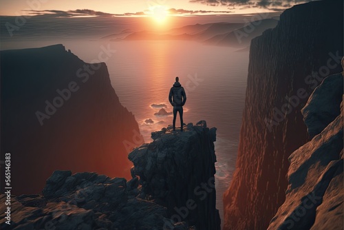 Man Standing on Mountain Cliff Looking Out into the Horizon. Generative AI.
