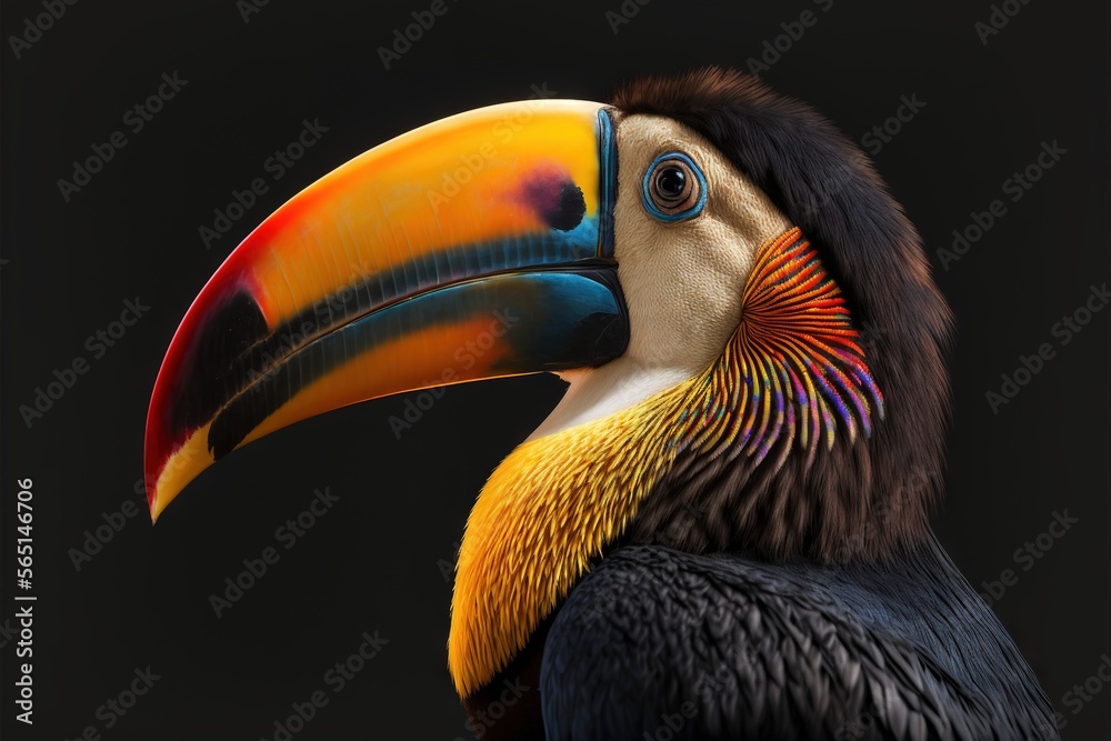  a colorful bird with a black background and a yellow beak and a black background with a black background and a black background with a black background.  generative ai