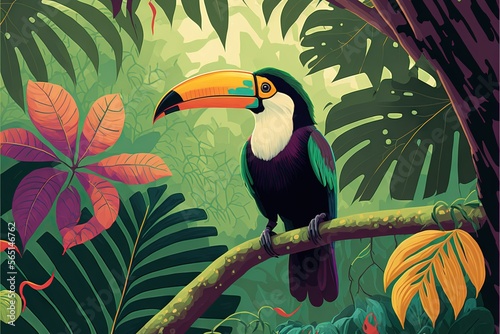  a colorful bird sitting on a branch in a jungle setting with tropical plants and leaves around it, and a large colorful toucan.  generative ai © Anna