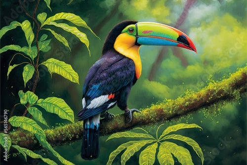  a colorful bird perched on a branch in a forest with green leaves and a tree branch with a toucan on it's side.  generative ai photo