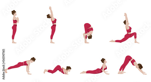 Bundle of female cartoon character demonstrating various yoga positions. Set of yoga positions.
