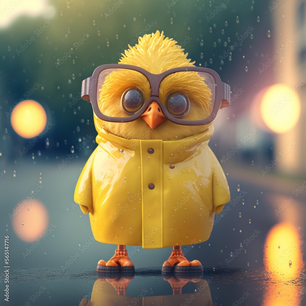 a yellow bird wearing glasses and a yellow coat is standing in the rain