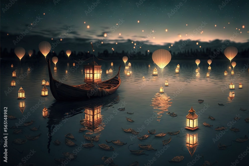 a boat floating on top of a lake filled with floating lanterns at night  time with