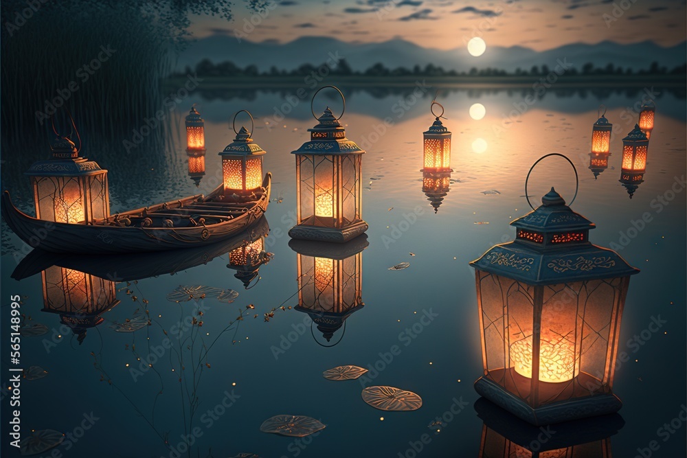 a painting of a boat and lanterns floating on a lake at night with a ...