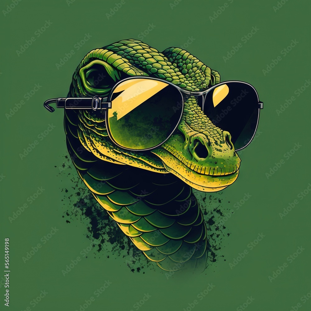  a green snake wearing sunglasses and a green background with a yellow stripe on the side of the head and a green background with a yellow stripe on the side of the head and a green.  generative ai - obrazy, fototapety, plakaty 