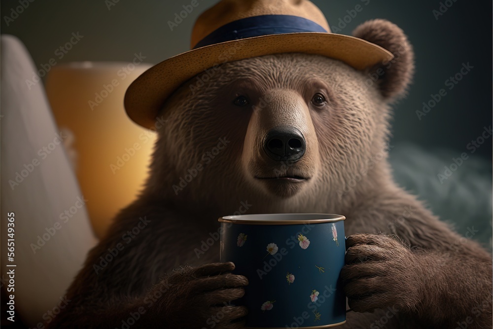 Fototapeta premium a bear wearing a hat and holding a cup of coffee in its paws and a candle in the background with a lit candle in the middle of the photo behind it, and a lit up. generative ai