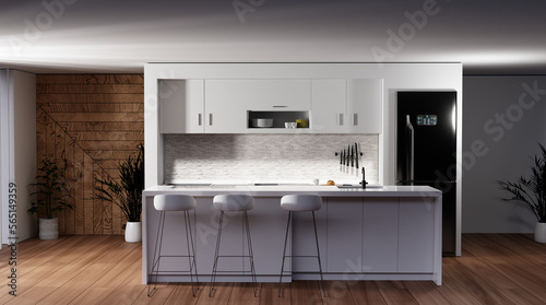 Modern Kitchen - Clean minimal kitchen with Undercabinet lightings shining down on the counter while sun is going down white on white with wood floors and bar style counter kitchen 