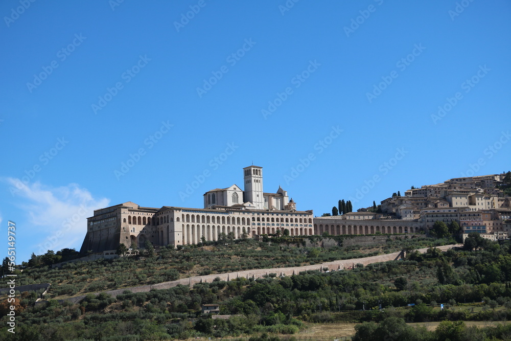 View to Lower Church and Upper Church of Basilica San Francesco in Assisi, Umbria Italy