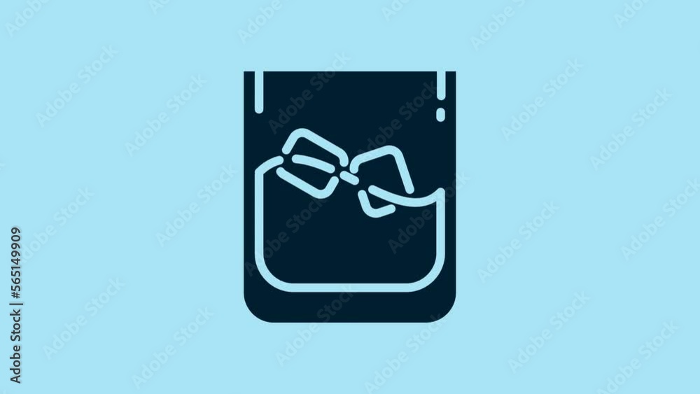 Blue Glass of whiskey and ice cubes icon isolated on blue background. 4K Video motion graphic animation Blue Glass of whiskey and ice cubes icon isolated on blue background. 4K Video motion graphic animation