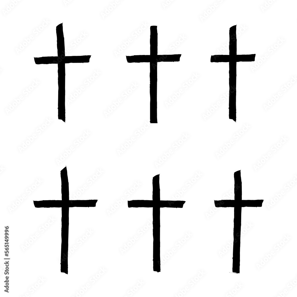 Set Of Hand Drawn Black Grunge Cross Icons. Collection of Cross isolated on white background. vector illustration
