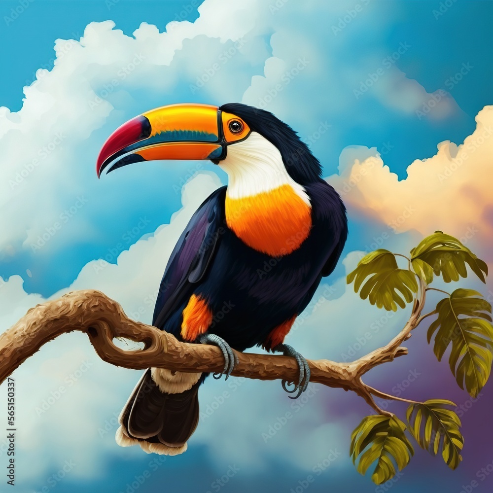 Obraz premium a colorful bird sitting on a branch with clouds in the background and a blue sky with clouds in the background and a yellow beak on the branch. generative ai