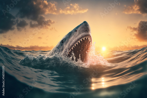 close up of a shark in the ocean with its mouth open ready to bite. Generative AI  © Marc Andreu