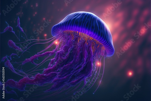  a jellyfish with purple tentacles floating in the water at night time with bright lights in the background and a dark background with a red glow. generative ai