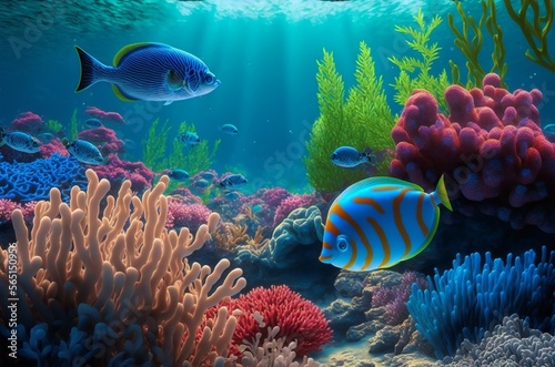 Beautiful colorful fishes and corals on the sea background .Colorful underwater world ocean flora and fauna.AI generated.