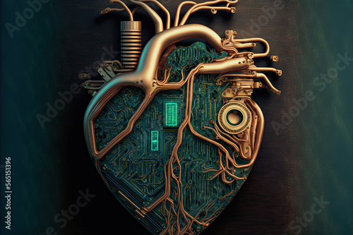 circuit board heart, concept image for biomedical engineering, generative ai photo