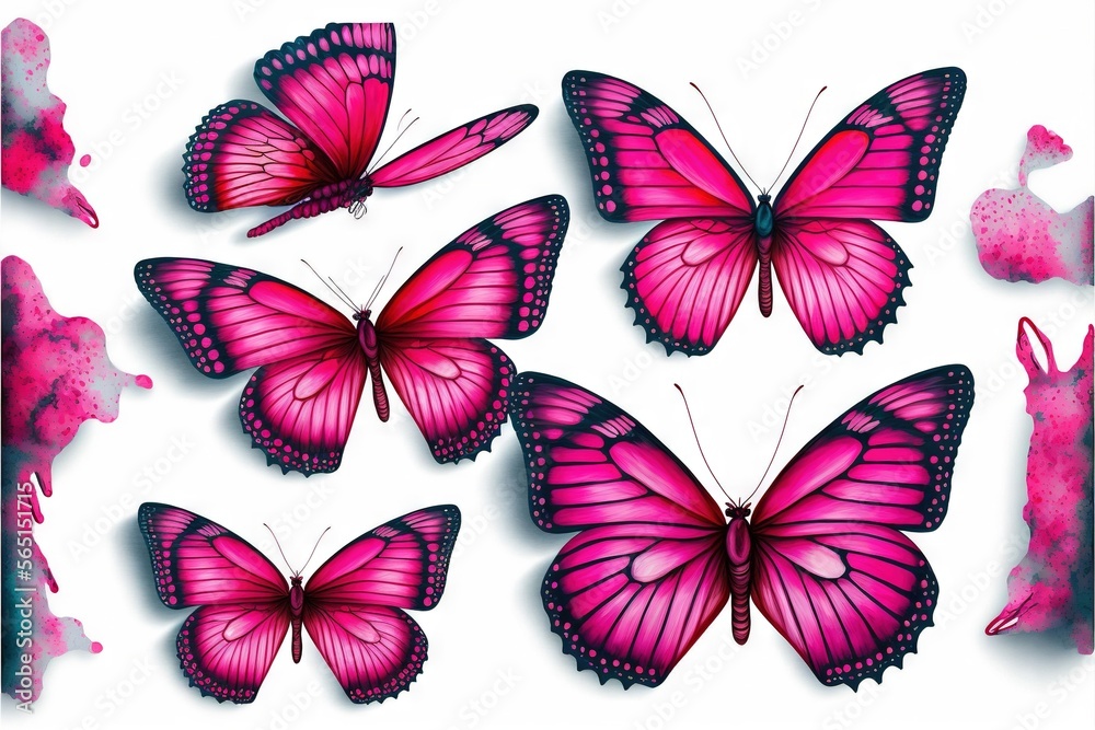 a group of pink butterflies flying in the air with pink spots on them and a white background