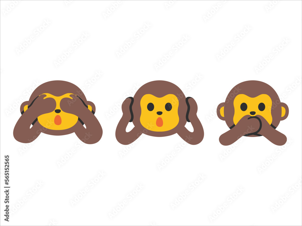 Fototapeta premium Gandhi's three monkey emoji vector set design. Isolated See-No-Evil Monkey, Hear-No-Evil Monkey, Speak-No-Evil Monkey, meme sign design. 