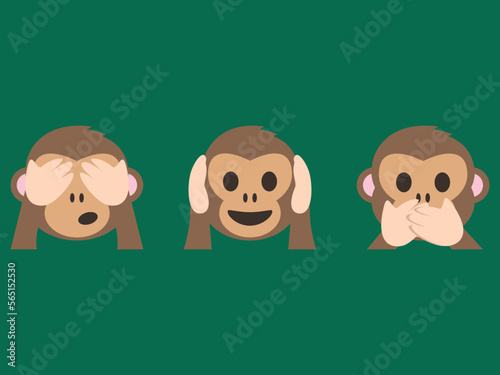 Gandhi's three monkey emoji vector set design. Isolated See-No-Evil Monkey, Hear-No-Evil Monkey, Speak-No-Evil Monkey, meme sign design. 