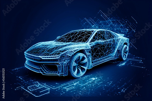 Frontside Futuristic AR car wireframe concept, generative ai, Augmented reality wireframe of car concept with blue background photo