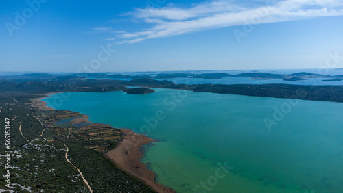 Vransko lake in Dalmatia  Croatia from above with views on Adriatic sea and islands.