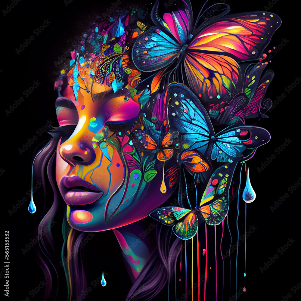 Beautiful girl with butterflies in hairs. AI generative. Beautiful girl with butterflies in hairs. AI generative.