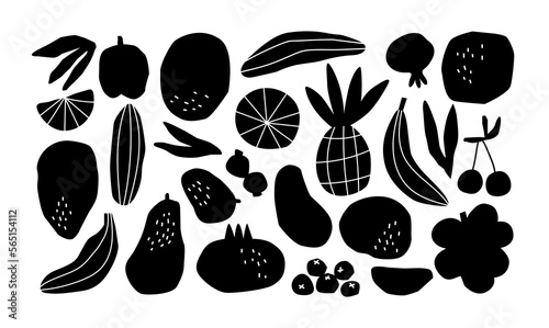 Funny hand drawn fruit food set. Black and white freehand fruits collection. Illustration of pineapple, banana, grape and more tropical summer foods on isolated background.