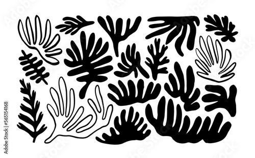Black and white organic leaf shape doodle collection. Natural plant shapes, random childish doodle cutouts of tropical leaves. Decorative abstract art on isolated background.