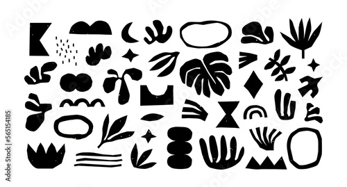 Black and white organic shape doodle collection. Funny basic shapes, random childish doodle cutouts of tropical leaf, hand and decorative abstract art on isolated background.