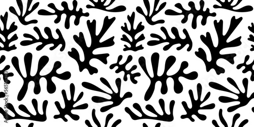 Abstract black and white leaf shape seamless pattern. Trendy contemporary nature art cutout background illustration. Natural organic plant leaves artwork wallpaper print. Vintage summer texture.