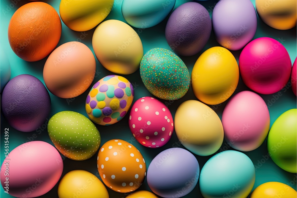a group of colorful eggs sitting in a pile together on a table top with polka dots on them and a blue background with a white border. generative ai a group of colorful eggs sitting in a pile together on a table top with polka dots on them and a blue background with a white border. generative ai