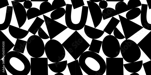 Abstract black and white geometric shape seamless pattern illustration. Creative collage art background for children or trendy design with fun geometry shapes. Simple childish 90s print.