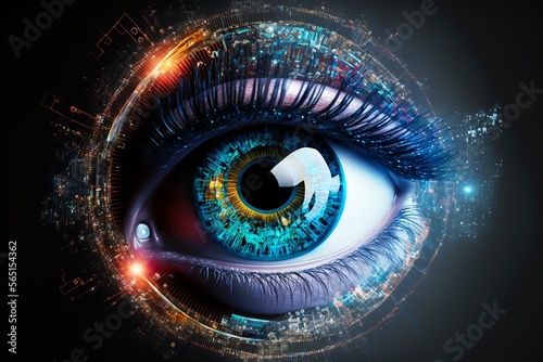 Security access technology as eye scan and viewing digital information. Human eye with scanning for personality identification. Cyber security identity verification. Generative AI.