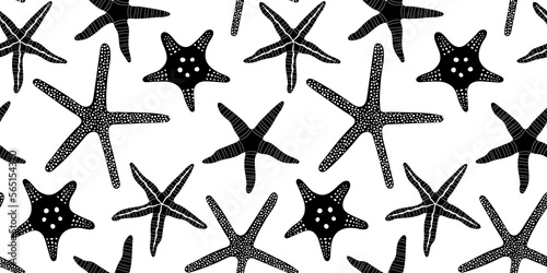 Black and white star fish seamless pattern. Summer marine animal background design. Vacation travel concept. Starfish flat cartoon backdrop illustration.