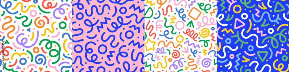 Set of fun colorful line doodle seamless pattern. Creative abstract art background collection for children or festive celebration design. Simple childish scribble wallpaper print texture bundle. Set of fun colorful line doodle seamless pattern. Creative abstract art background collection for children or festive celebration design. Simple childish scribble wallpaper print texture bundle.