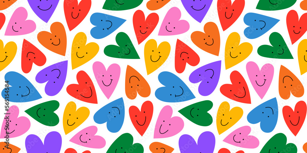 Colorful rainbow love heart seamless pattern illustration with funny smiling face. Diverse hearts background print. Valentine's day holiday backdrop texture, diversity group design.	
