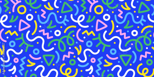 Fun line doodle seamless pattern. Creative abstract squiggle style drawing background for children or trendy design with basic shapes. Colorful modern scribble wallpaper print.