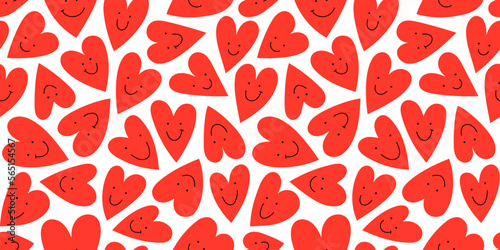 Red love heart seamless pattern illustration with funny smiling face. Doodle hearts background print. Valentine's day holiday backdrop texture, romantic wedding design.	