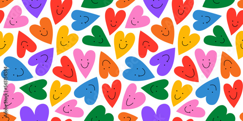 Colorful rainbow love heart seamless pattern illustration with funny smiling face. Diverse hearts background print. Valentine's day holiday backdrop texture, diversity group design.	